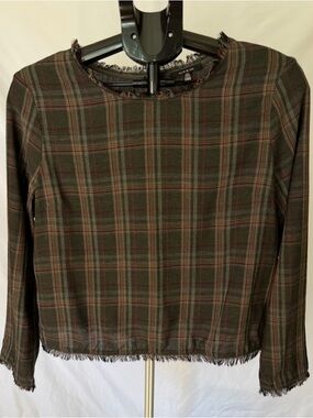 DREW Distressed Hem Plaid Crop Blouse Olive Burgundy Size NWOT